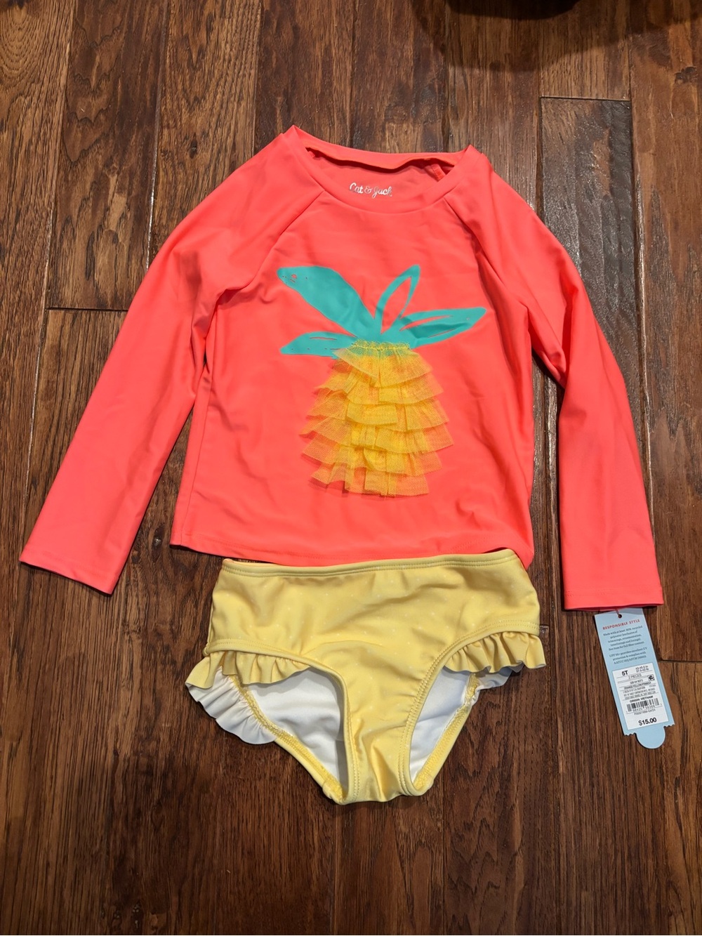 Cat & Jack 5T Toddler Girl Swim Swimsuit Pineapple Neon Coral 2 Piece Rashguard